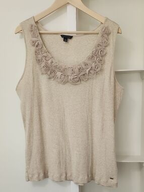 Tommy Hilfiger Beige Rib Knit Rosette Embellished Tank Top Cotton Size XXL